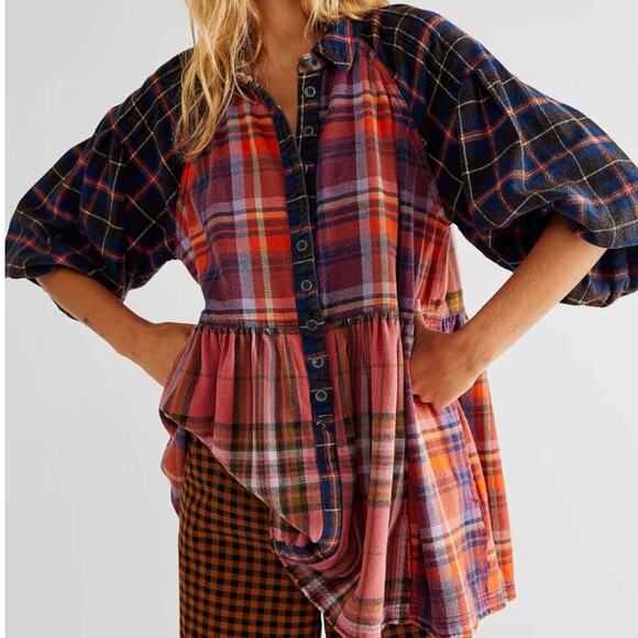 Free People Colorful Plaid Button-Up Blouse - Picture 6 of 11